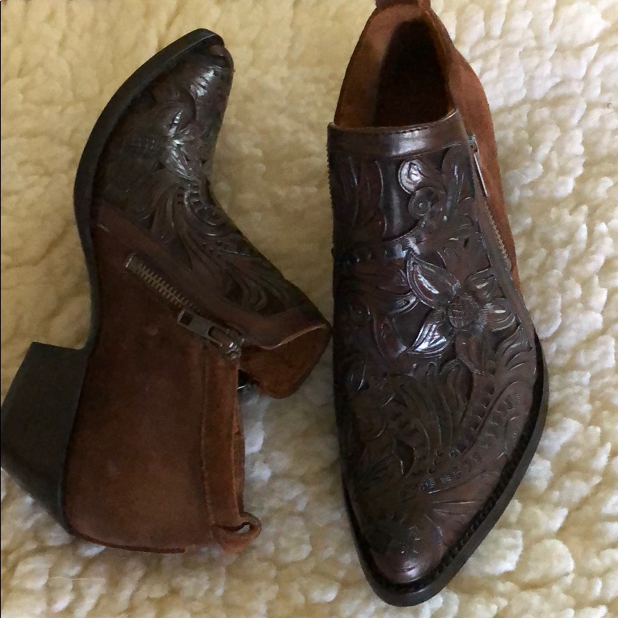 Frye Leather Tooled Booties.